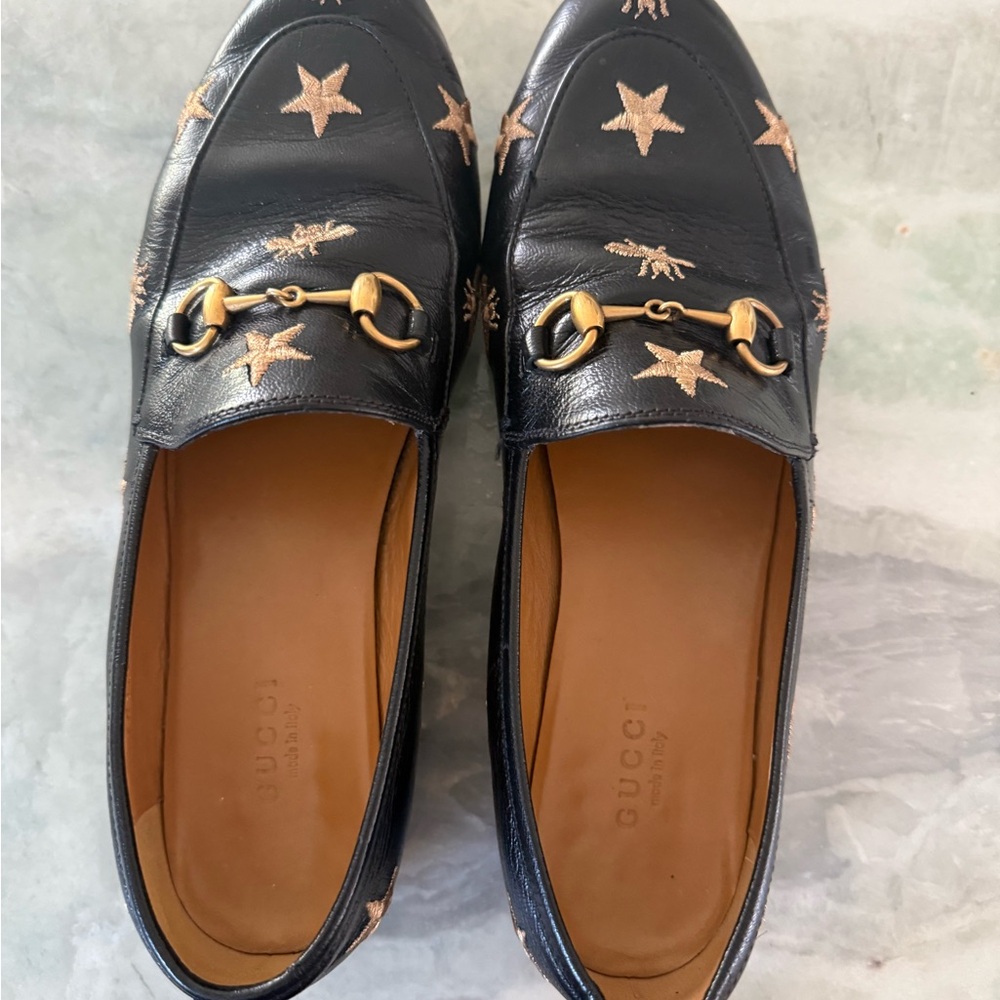 Gucci Horsebit Black Leather Loafers with Gold Star Detailing